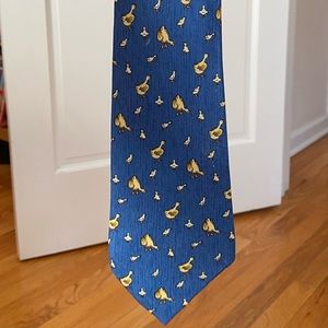Hermes silk blue tie with duck and chick pattern